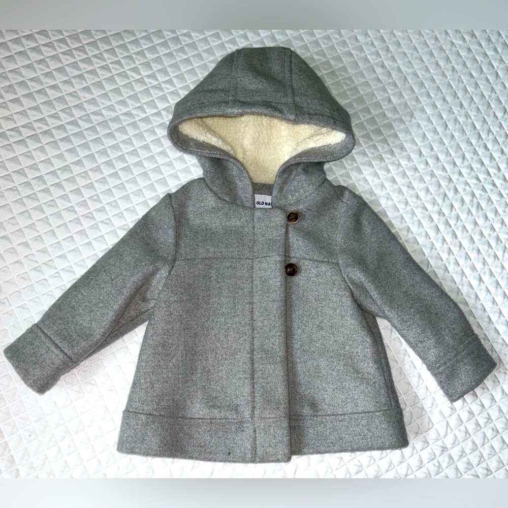 Old Navy Wool Blend Gray Infant Girl Dress Coat Sherpa Lined Hood Size 12-18 mth